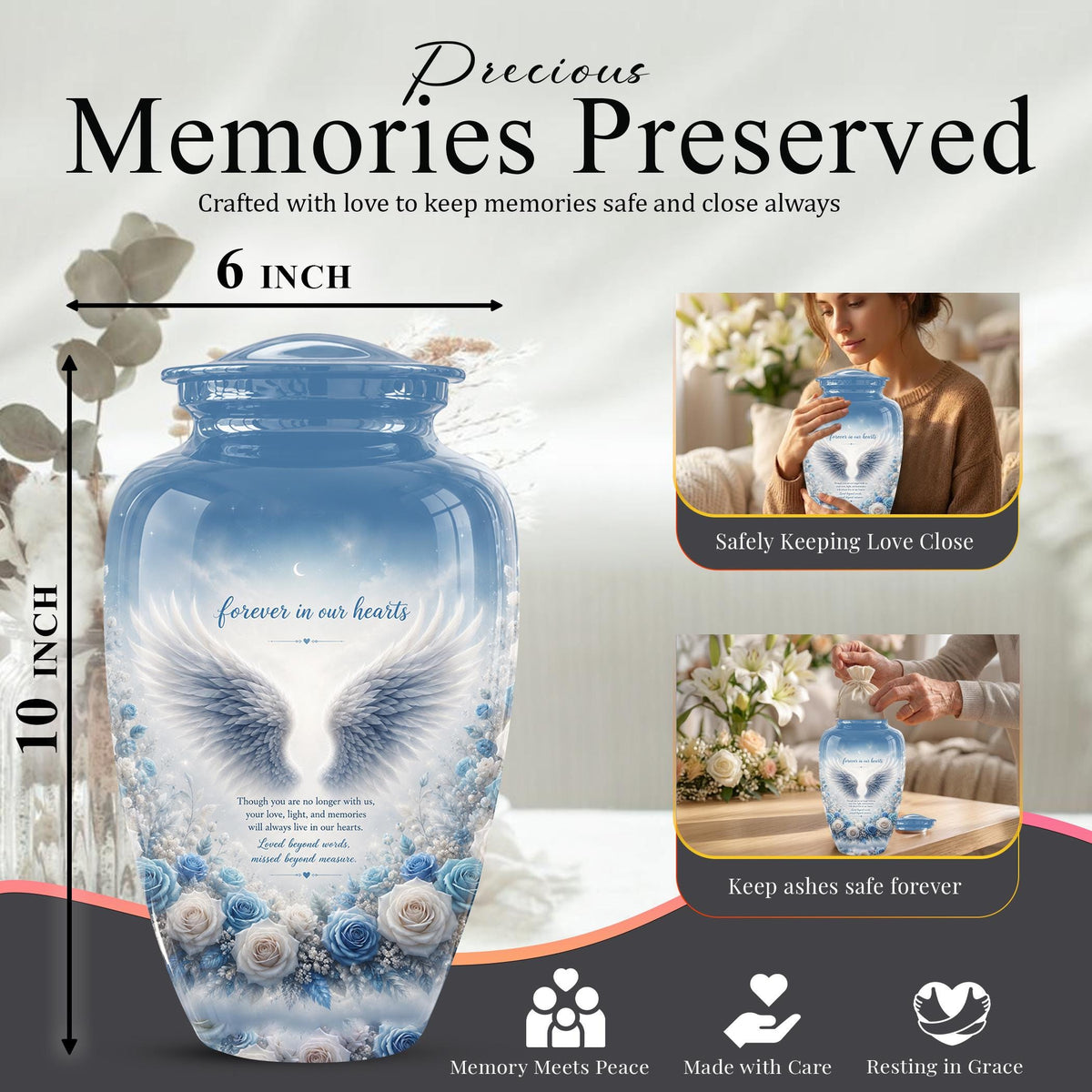 Personalized Angel Wings Cremation Urn - Blue Roses Memorial Keepsake Urn