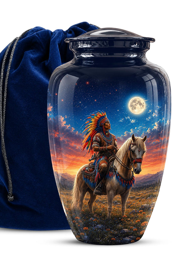 Native American Cremation Urn for Ashes - Western Cowboy Memorial Urn, Horse & Rider Funeral Urn