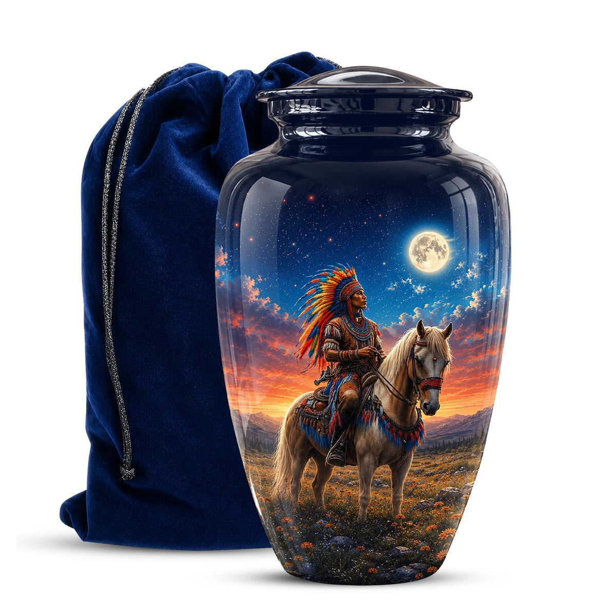 Native American Cremation Urn for Ashes - Western Cowboy Memorial Urn, Horse & Rider Funeral Urn