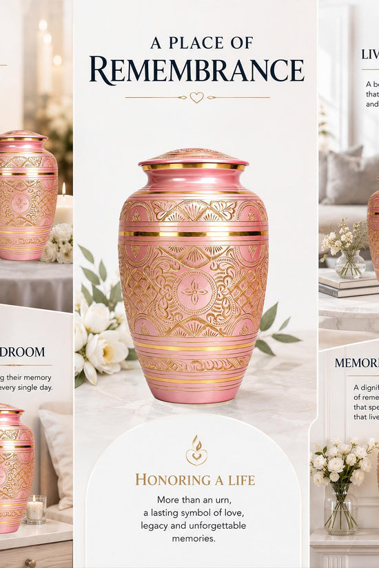 Pink and Gold Brass Cremation Urn for Ashes - Rose Gold Ornamental Memorial Urn