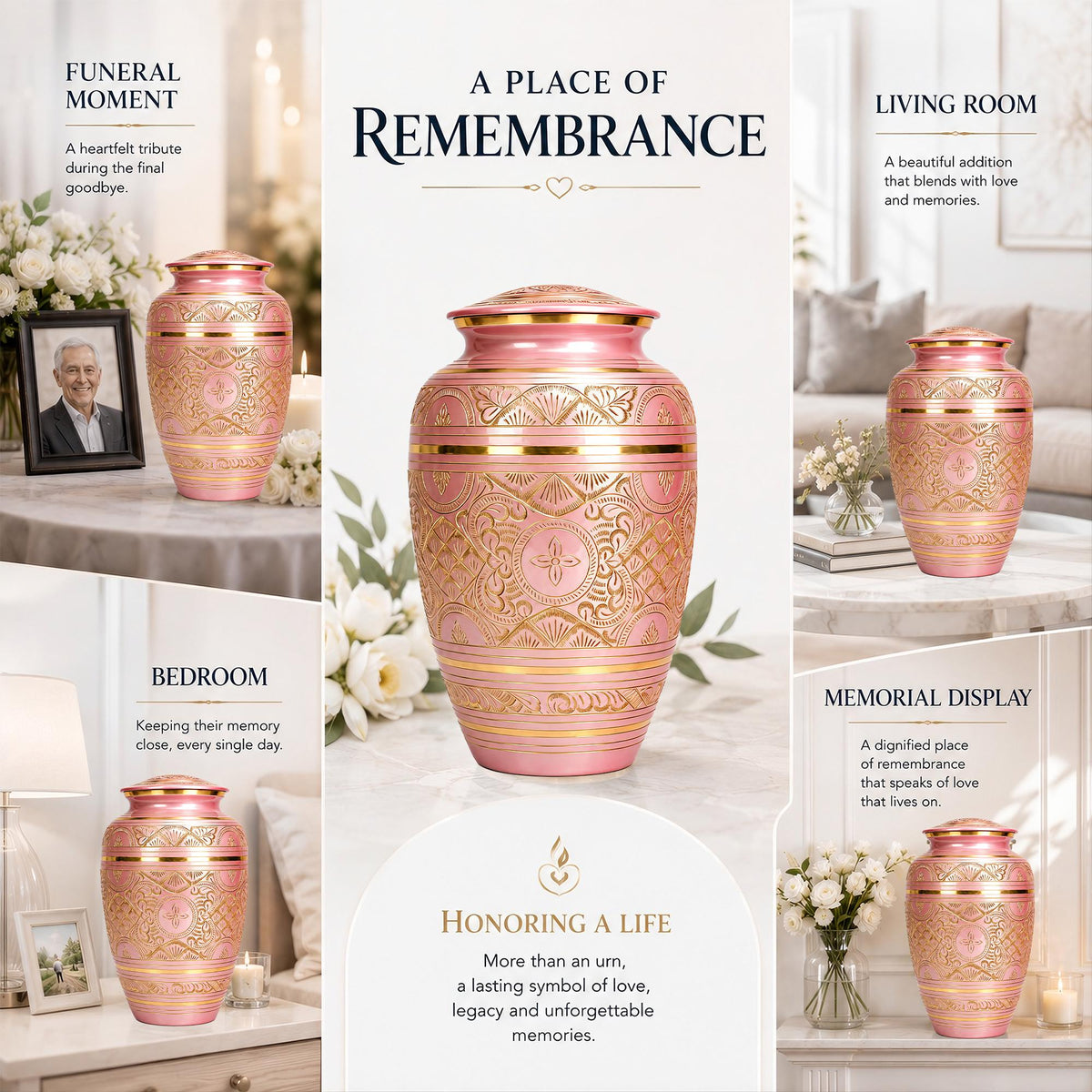 Pink and Gold Brass Cremation Urn for Ashes - Rose Gold Ornamental Memorial Urn