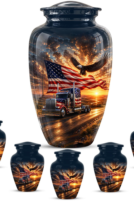 American Flag Truck Cremation Urn for Ashes - Semi Truck and Bald Eagle Memorial Urn