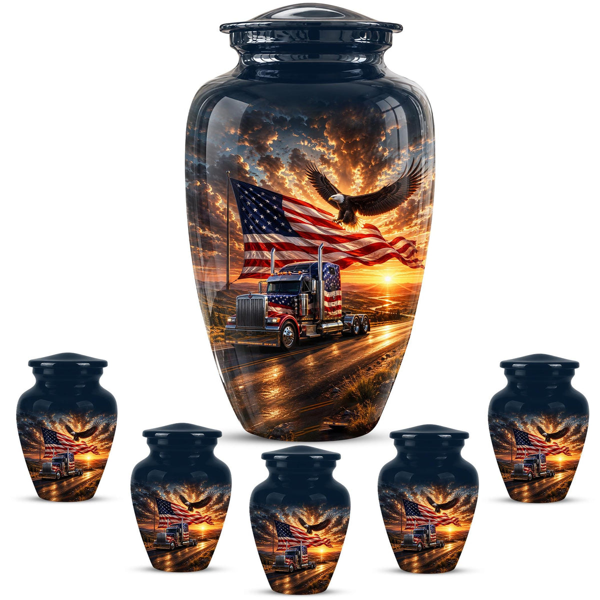 American Flag Truck Cremation Urn for Ashes - Semi Truck and Bald Eagle Memorial Urn