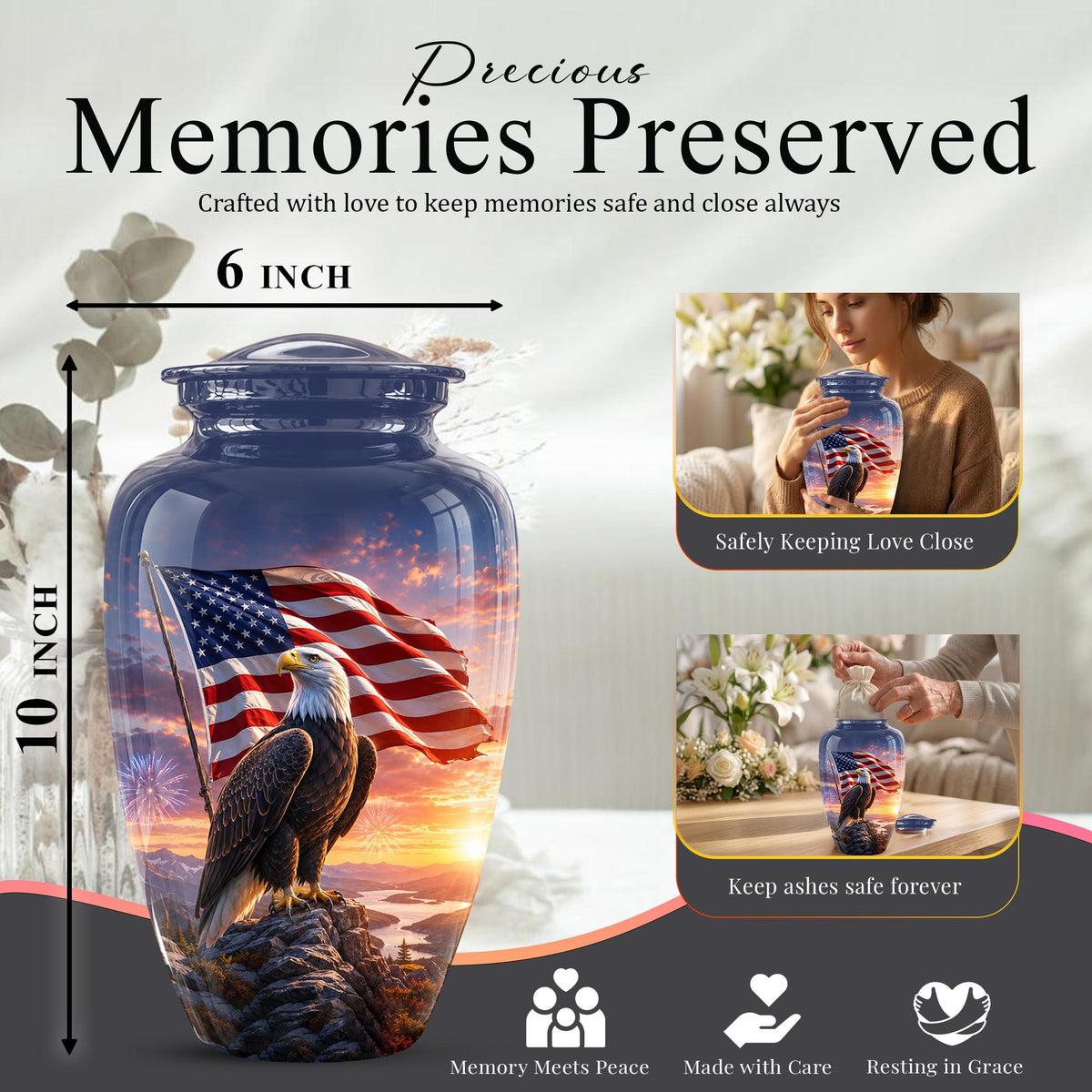American Flag Eagle Cremation Urn for Ashes - Bald Eagle Patriotic Memorial Urn
