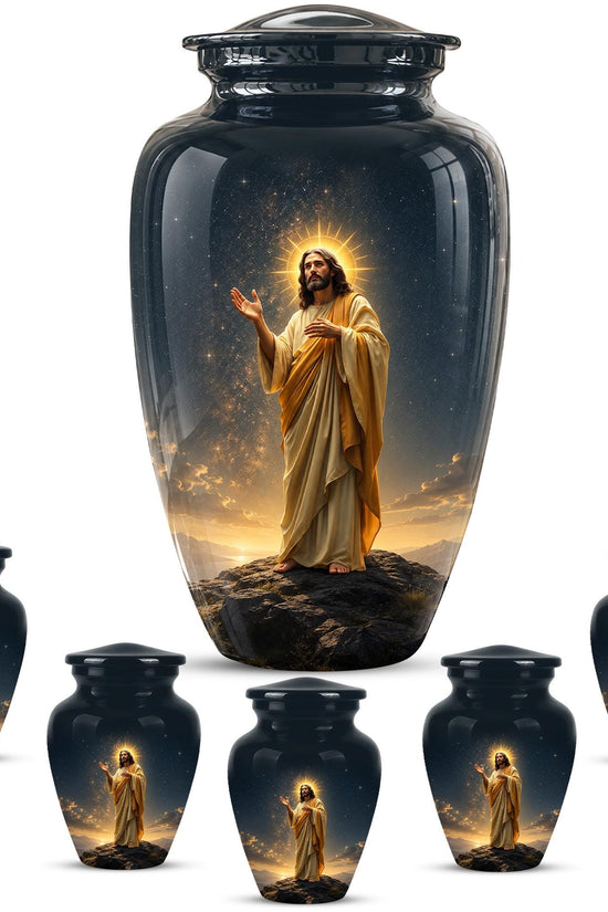 Christian Jesus Cremation Urn, Adult Memorial Keepsake, Glossy Black Finish