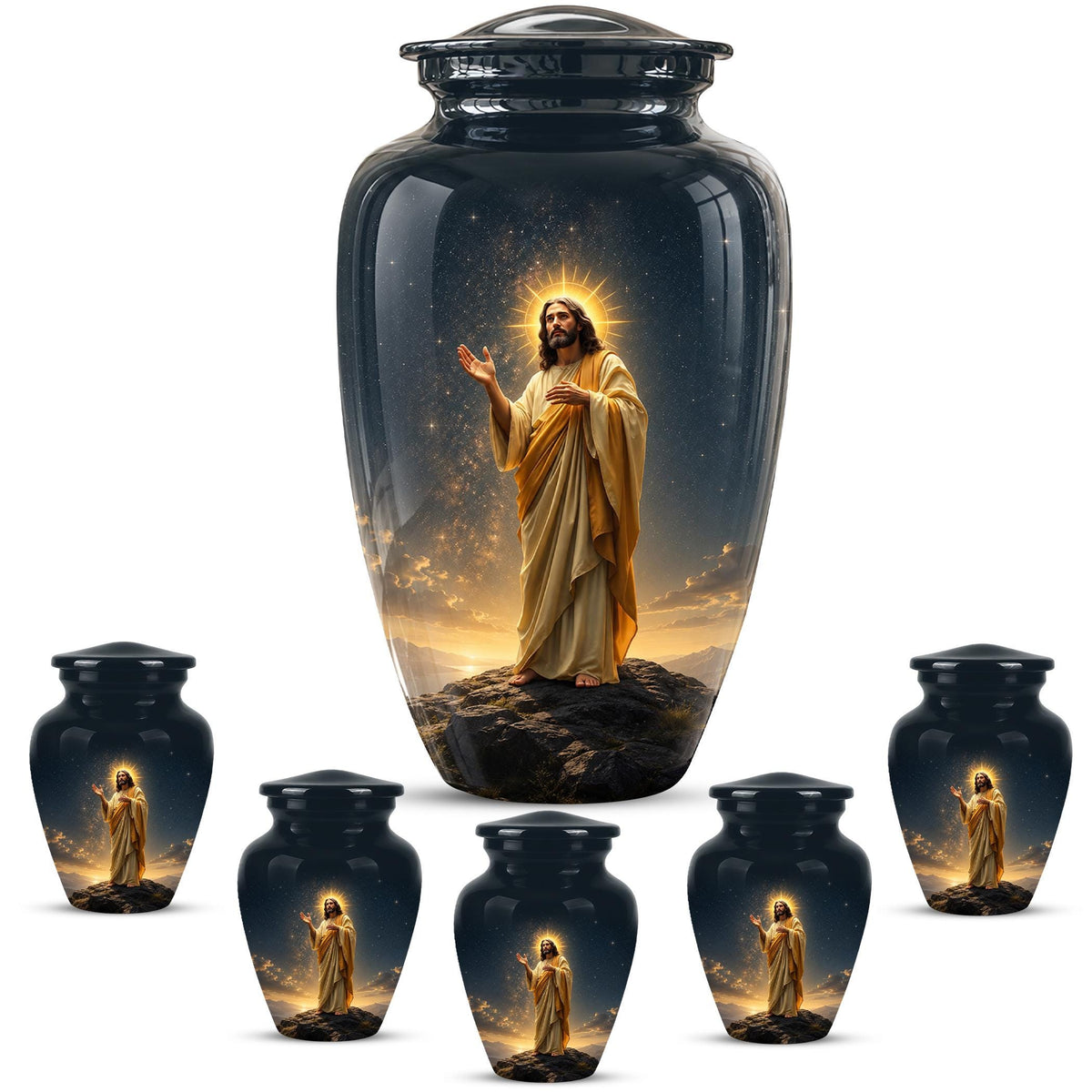Christian Jesus Cremation Urn, Adult Memorial Keepsake, Glossy Black Finish