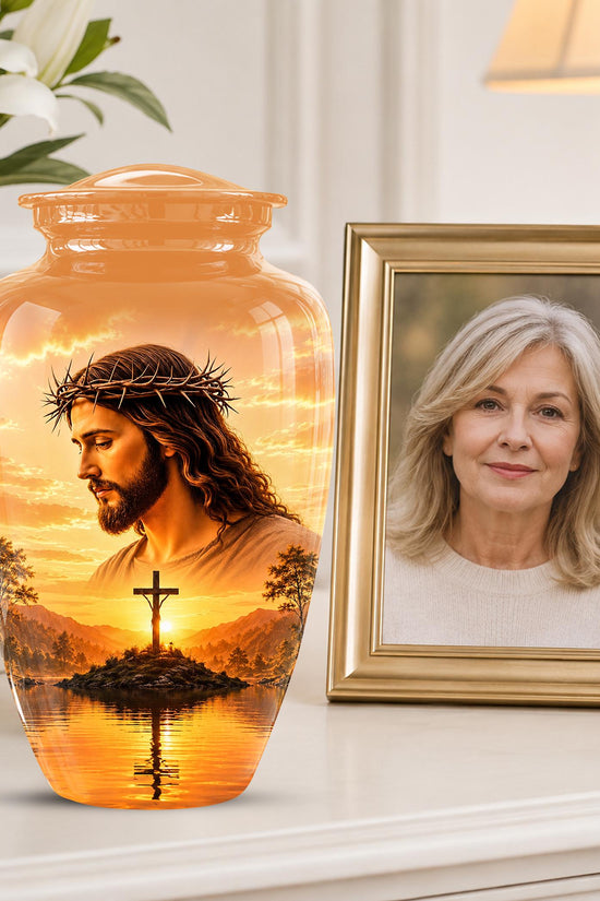 Personalized Jesus Cremation Urn for Ashes, Jesus Christ Sunset Memorial Urn, Christian Cross Tribute Urn, Religious Keepsake Urn Set (200 Cubic)