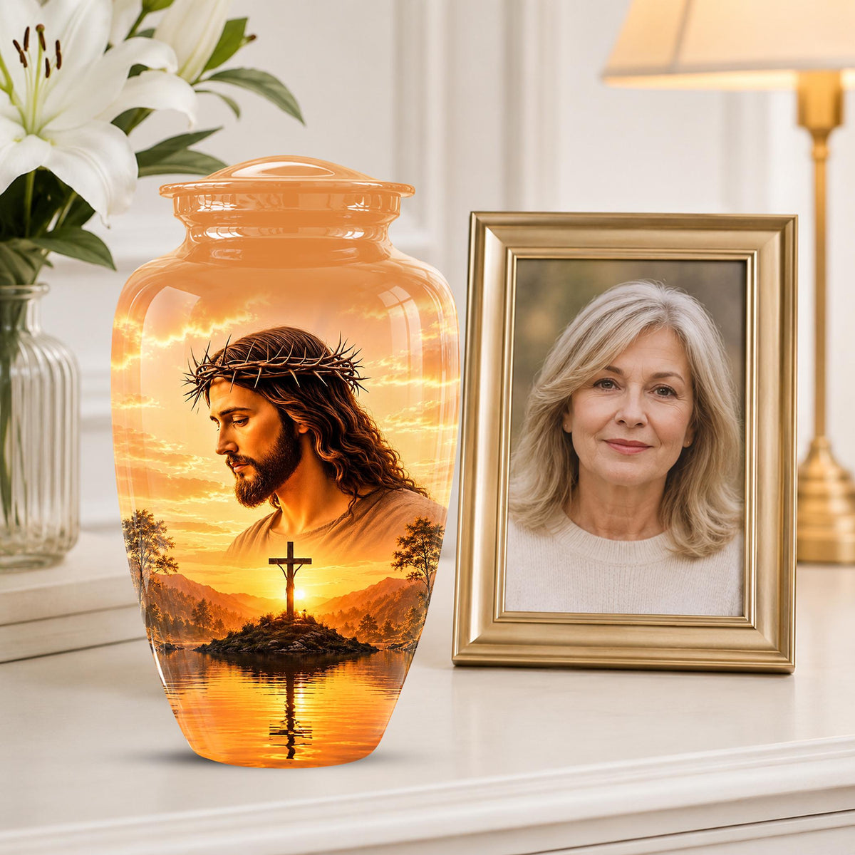 Personalized Jesus Cremation Urn for Ashes, Jesus Christ Sunset Memorial Urn, Christian Cross Tribute Urn, Religious Keepsake Urn Set (200 Cubic)