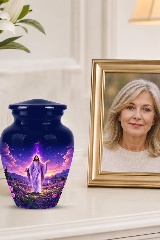 Personalized Jesus Cremation Urn for Ashes, Jesus Christ Purple Floral Memorial Urn, Christian Sunset Tribute, Heavenly Religious Urn (200 Cubic)
