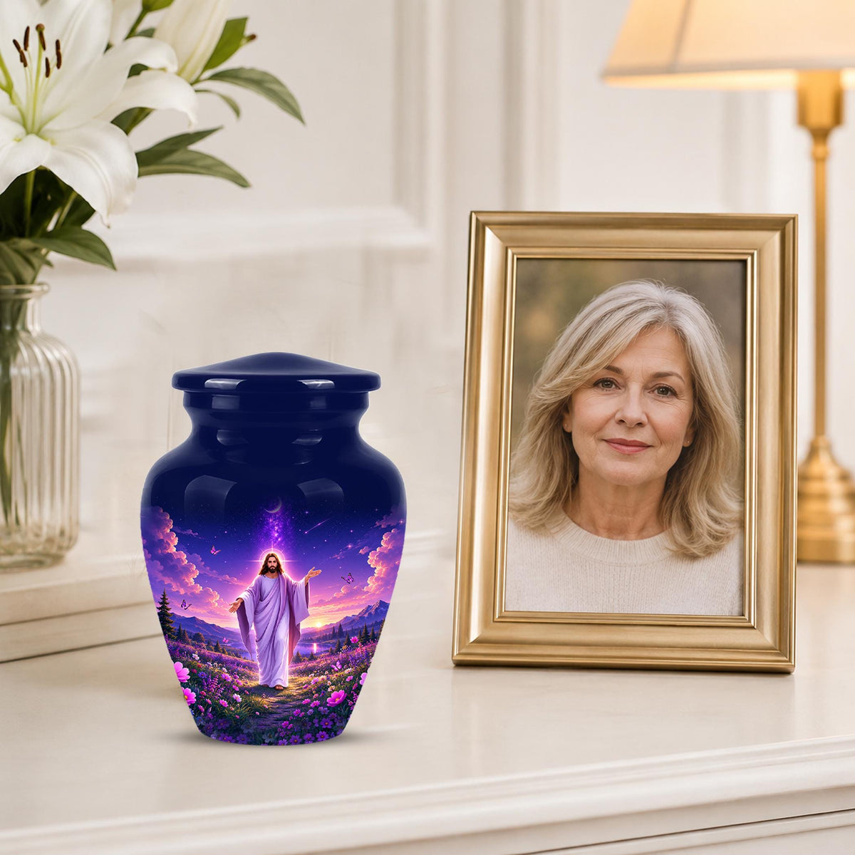 Personalized Jesus Cremation Urn for Ashes, Jesus Christ Purple Floral Memorial Urn, Christian Sunset Tribute, Heavenly Religious Urn (200 Cubic)