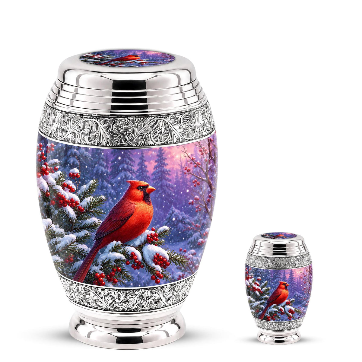 Personalized Cardinal Cremation Urn, Winter Forest Ashes Memorial (200 Cubic)