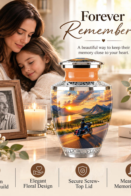Personalized Motorcycle Cremation Urn, Mountain Road Sunset Rider Memorial