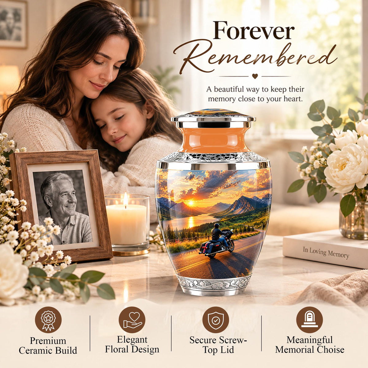 Personalized Motorcycle Cremation Urn, Mountain Road Sunset Rider Memorial