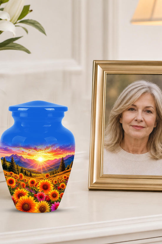 Personalized Sunflower Mountain Sunset Cremation Urn, Scenic Memorial Keepsake