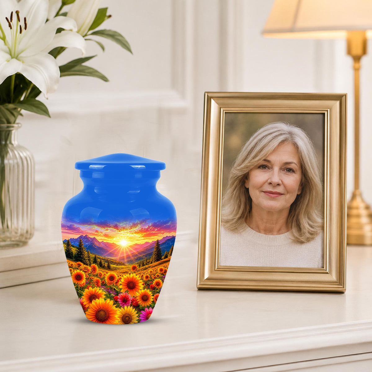 Personalized Sunflower Mountain Sunset Cremation Urn, Scenic Memorial Keepsake