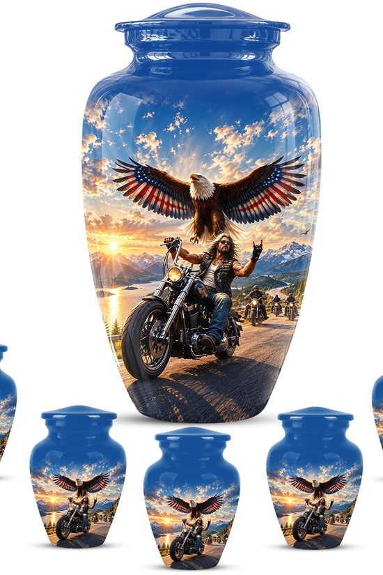 Motorcycle Eagle Cremation Urn for Ashes - Biker Memorial Urn, Blue Sky Sunset Motorcycle Tribute