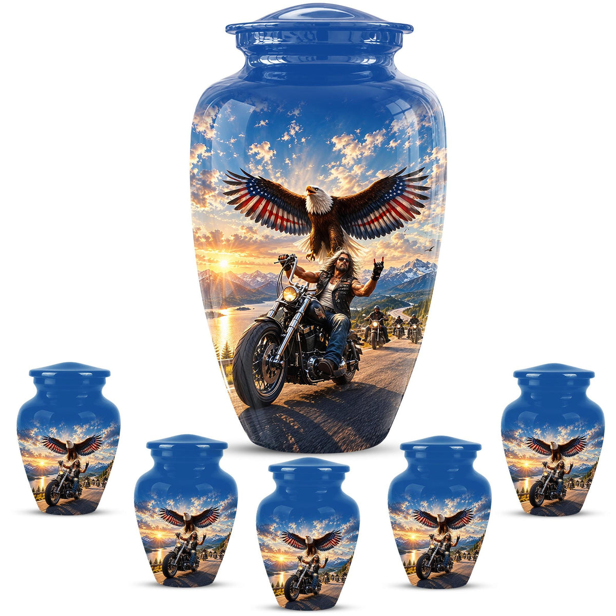 Motorcycle Eagle Cremation Urn for Ashes - Biker Memorial Urn, Blue Sky Sunset Motorcycle Tribute