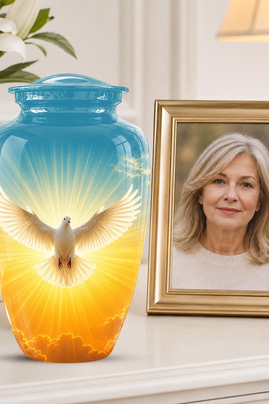 Personalized White Dove Cremation Urn for Ashes - Golden Sunset Dove Memorial Urn, Heavenly Light