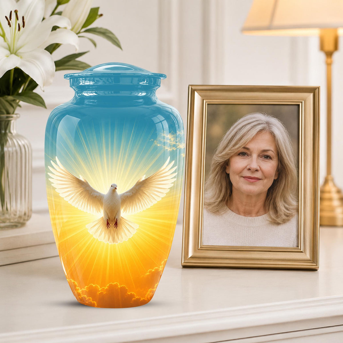 Personalized White Dove Cremation Urn for Ashes - Golden Sunset Dove Memorial Urn, Heavenly Light