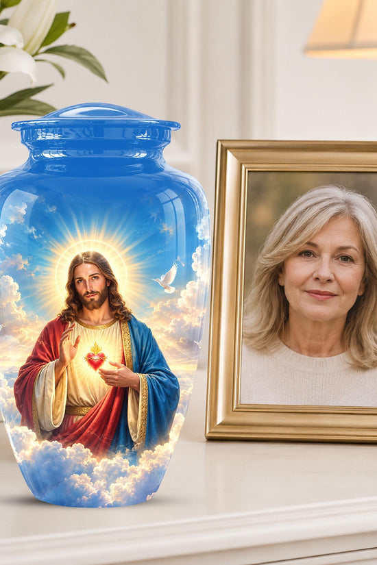Personalized Sacred Heart of Jesus Cremation Urn for Ashes, Christian Memorial Urn - Catholic Jesus Christ Tribute Urn, Blue Religious Urn