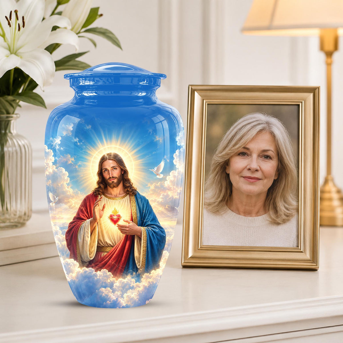 Personalized Sacred Heart of Jesus Cremation Urn for Ashes, Christian Memorial Urn - Catholic Jesus Christ Tribute Urn, Blue Religious Urn