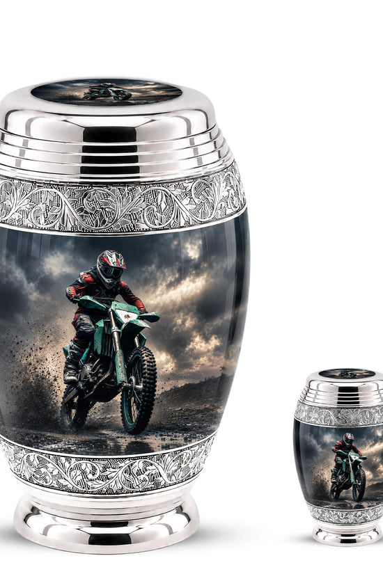 Personalized Motocross Rider Cremation Urn, Glossy Black Finish, Memorial Keepsake