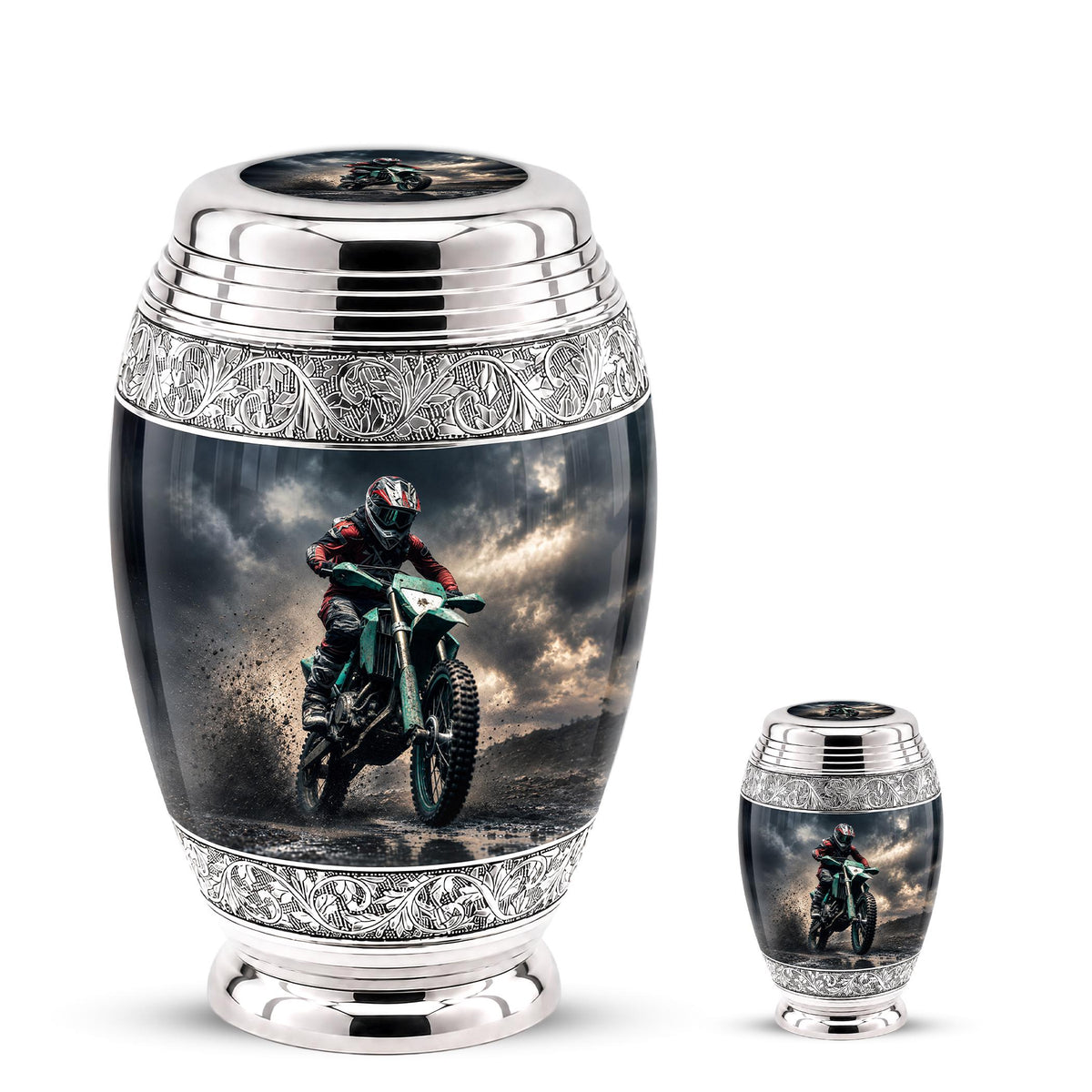 Personalized Motocross Rider Cremation Urn, Glossy Black Finish, Memorial Keepsake
