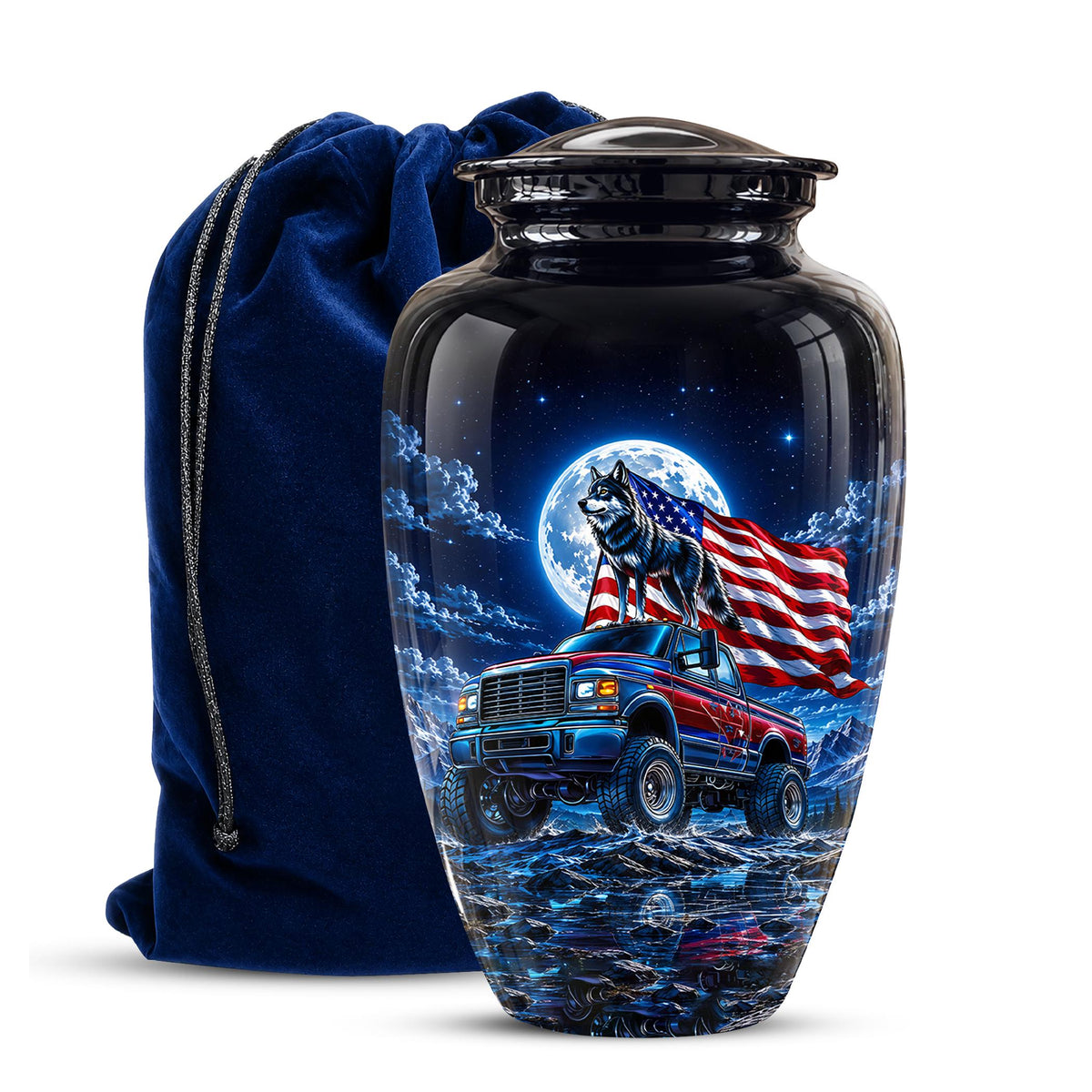 Personalized  Wolf Truck Cremation Urn, Patriotic American Flag Memorial Tribute