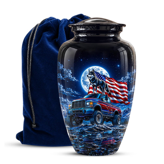 Personalized  Wolf Truck Cremation Urn, Patriotic American Flag Memorial Tribute