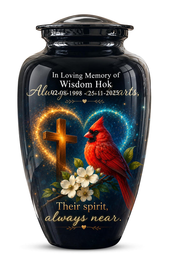 Cardinal Memorial Urn, Christian Cross, Adult Cremation Ashes, Glossy Metal Urn
