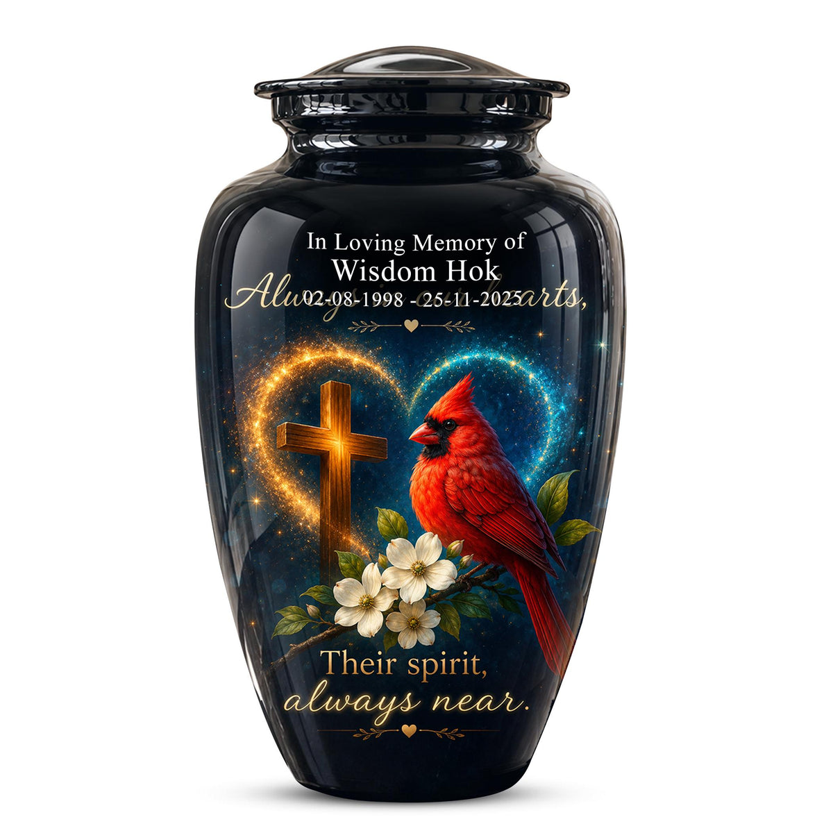 Cardinal Memorial Urn, Christian Cross, Adult Cremation Ashes, Glossy Metal Urn