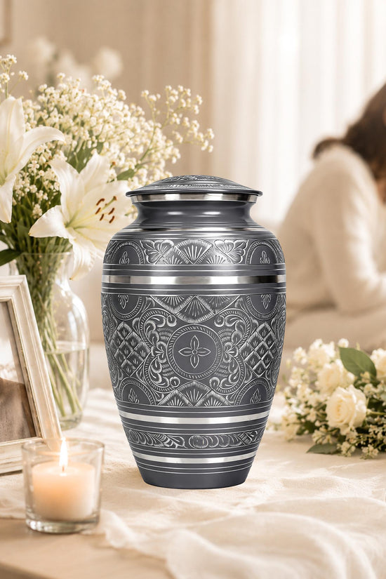 Black and Silver Brass Cremation Urn for Ashes - Ornate Engraved Memorial Urn