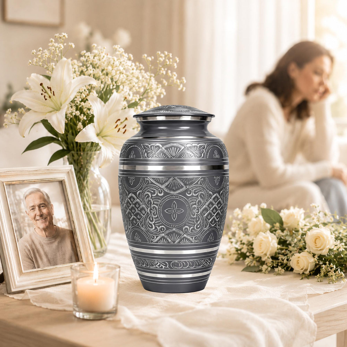 Black and Silver Brass Cremation Urn for Ashes - Ornate Engraved Memorial Urn