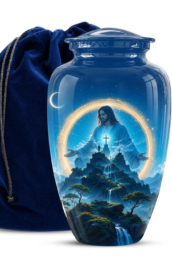Personalized Jesus Cremation Urn for Ashes, Jesus Christ Mountain Memorial Urn - Christian Religious Tribute Urn, Heavenly Faith Memorial