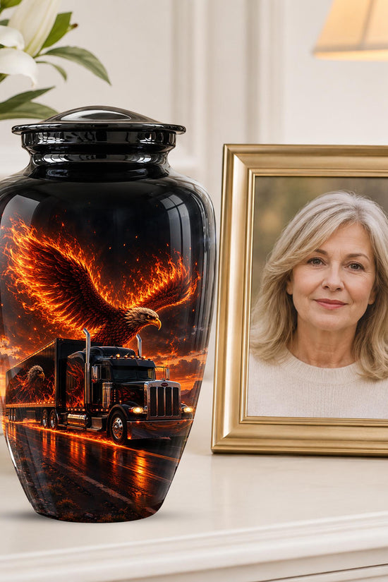 Eagle and Semi Truck Cremation Urn for Ashes - Fiery Bald Eagle Memorial Urn