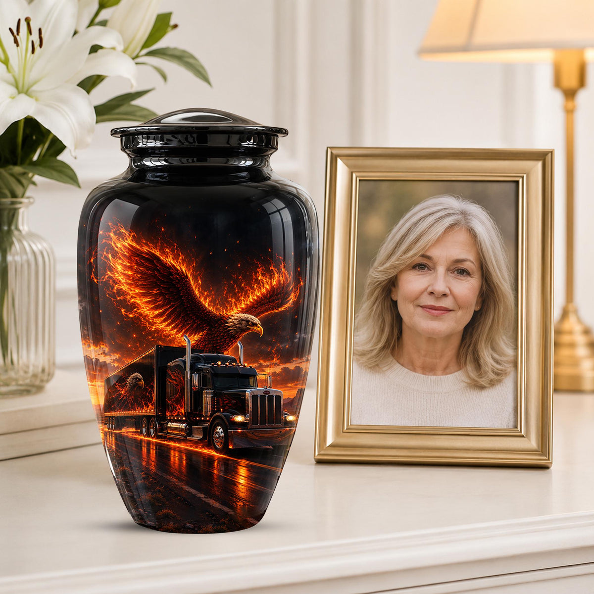 Eagle and Semi Truck Cremation Urn for Ashes - Fiery Bald Eagle Memorial Urn