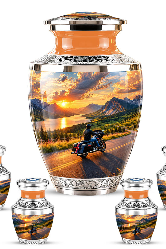 Personalized Motorcycle Cremation Urn, Mountain Road Sunset Rider Memorial