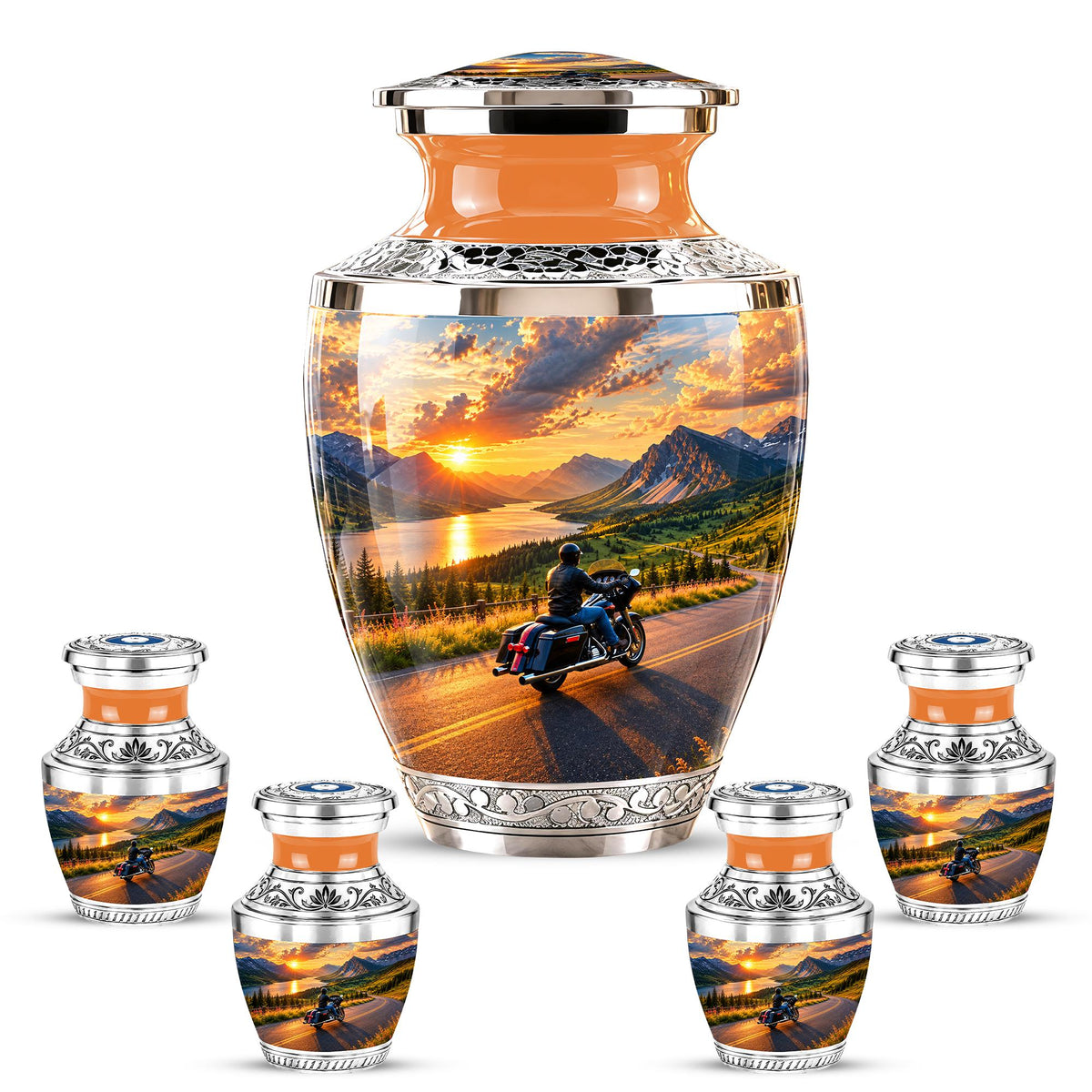 Personalized Motorcycle Cremation Urn, Mountain Road Sunset Rider Memorial