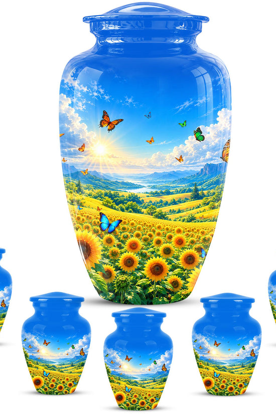 Butterfly and Sunflower Cremation Urn for Ashes - Blue Sky Floral Memorial Urn