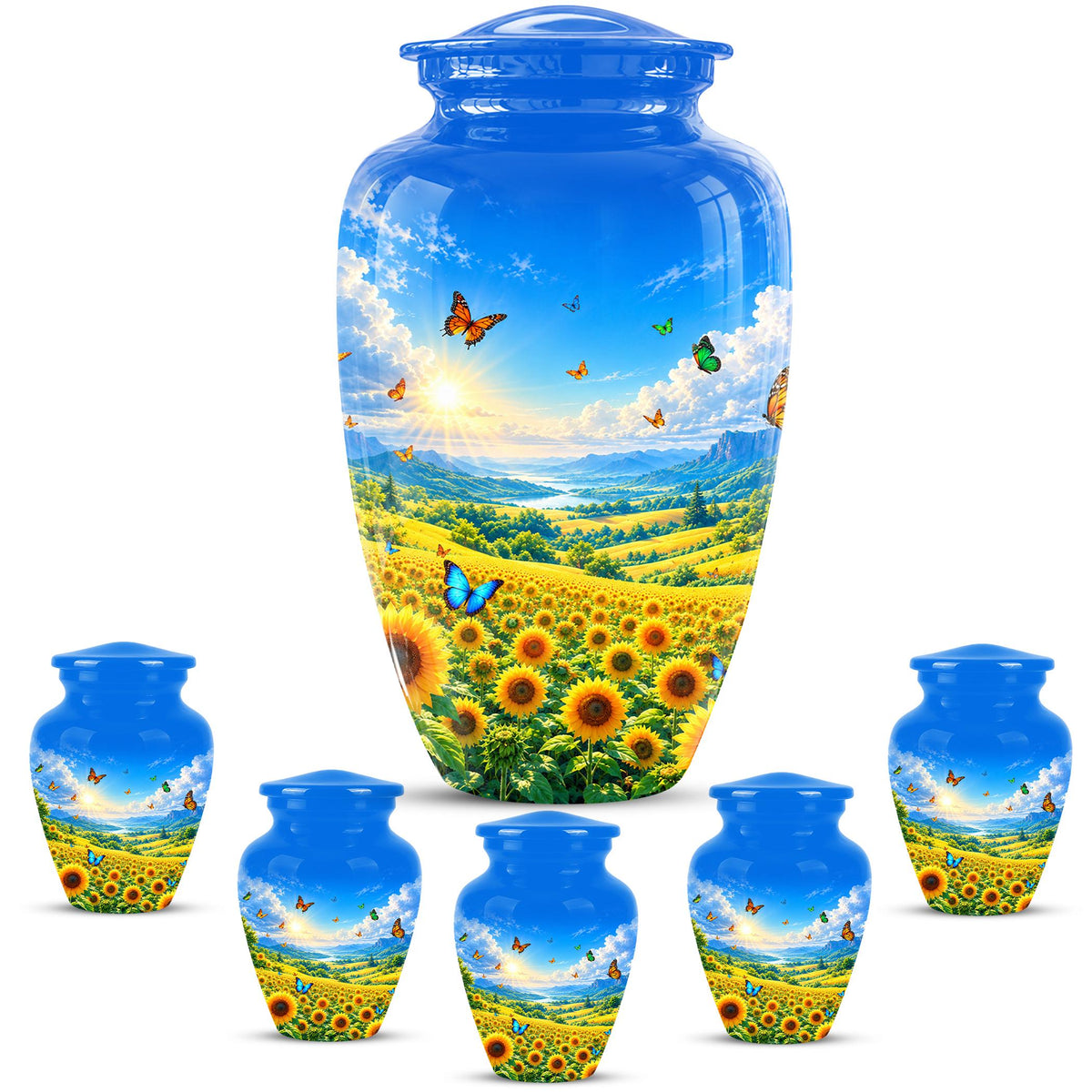 Butterfly and Sunflower Cremation Urn for Ashes - Blue Sky Floral Memorial Urn