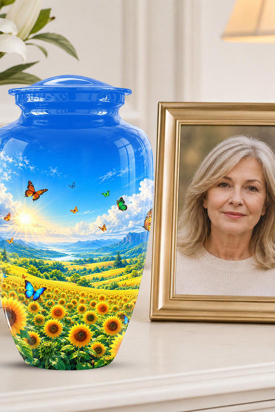 Butterfly and Sunflower Cremation Urn for Ashes - Blue Sky Floral Memorial Urn