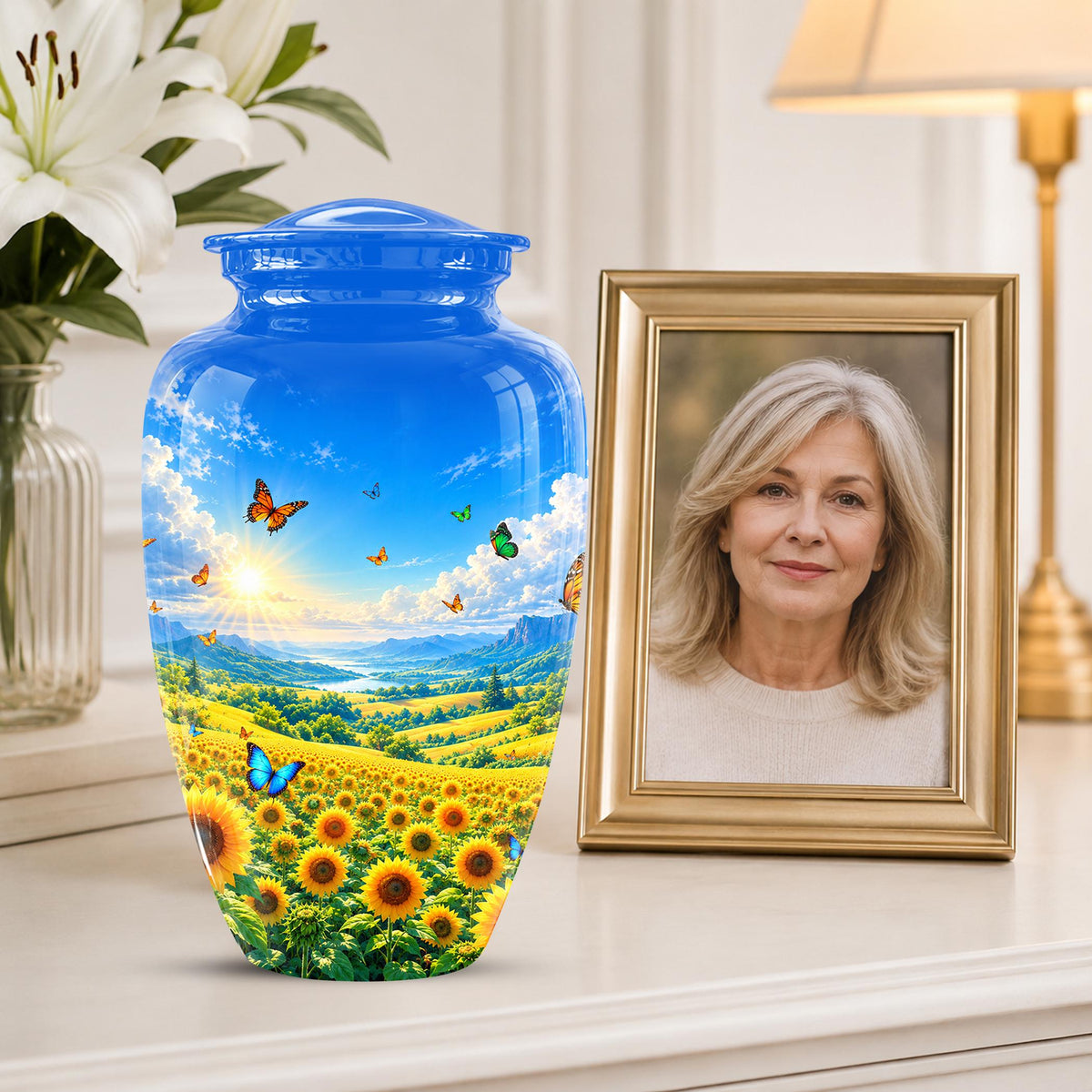 Butterfly and Sunflower Cremation Urn for Ashes - Blue Sky Floral Memorial Urn