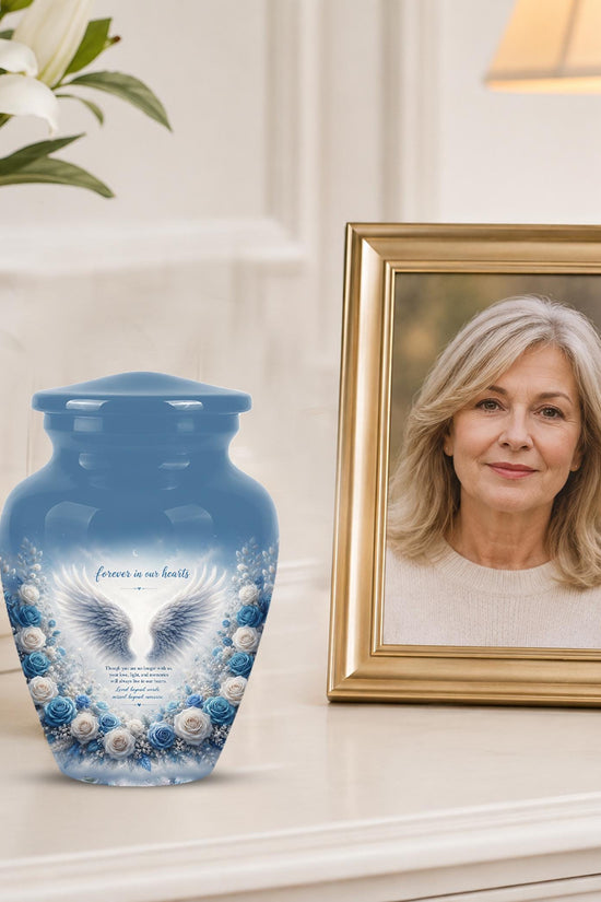 Personalized Angel Wings Cremation Urn - Blue Roses Memorial Keepsake Urn