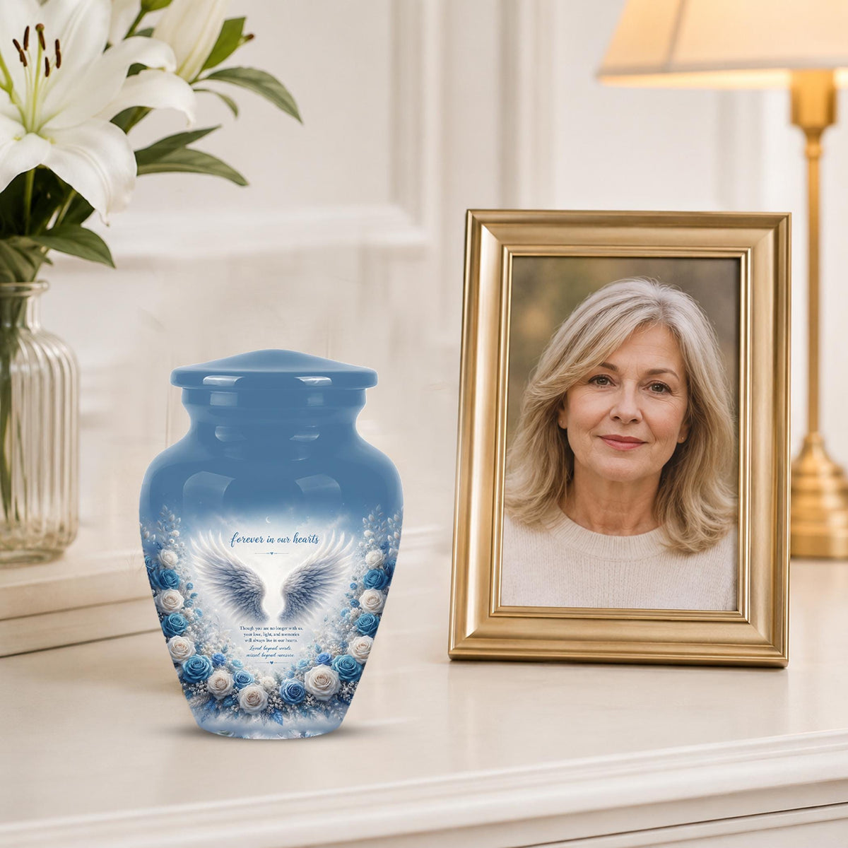 Personalized Angel Wings Cremation Urn - Blue Roses Memorial Keepsake Urn