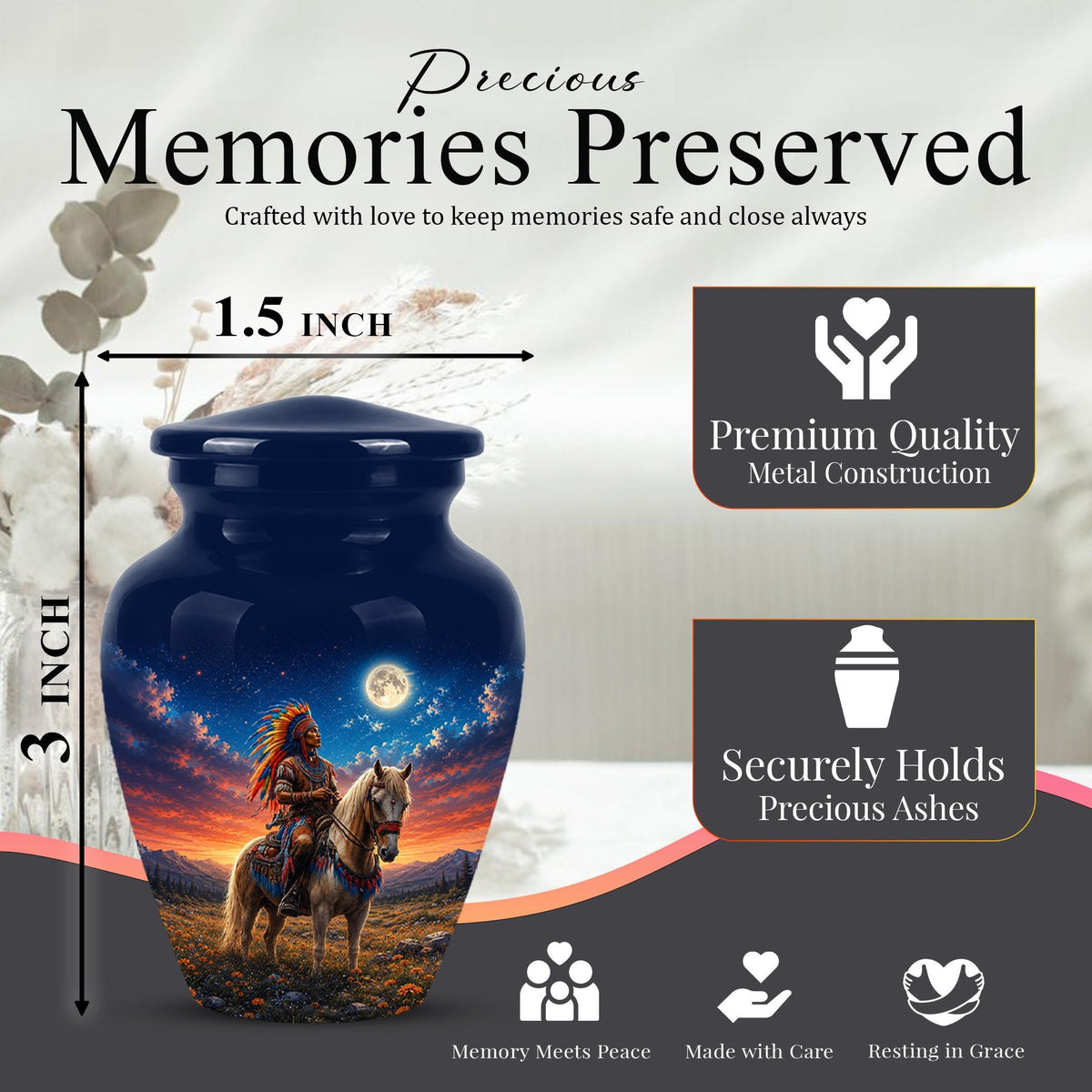 Native American Cremation Urn for Ashes - Western Cowboy Memorial Urn, Horse & Rider Funeral Urn