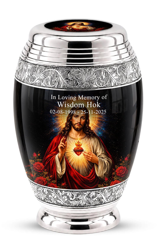 Personalized Sacred Heart of Jesus Cremation Urn - Catholic Memorial Keepsake (Black Finish)