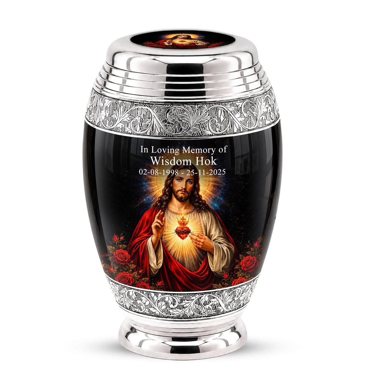 Personalized Sacred Heart of Jesus Cremation Urn - Catholic Memorial Keepsake (Black Finish)