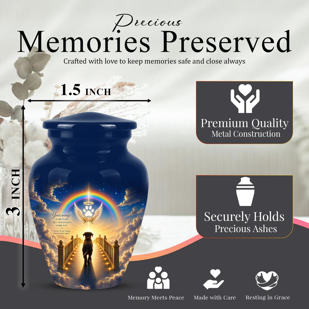 Personalized Dog Cremation Urn for Ashes, Rainbow Bridge Dog Memorial Urn, Angel Pet Tribute Urn - Beloved Dog Remembrance (200 Cubic)