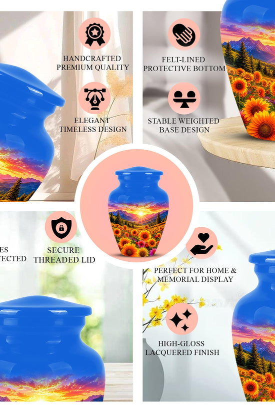 Personalized Sunflower Mountain Sunset Cremation Urn, Scenic Memorial Keepsake