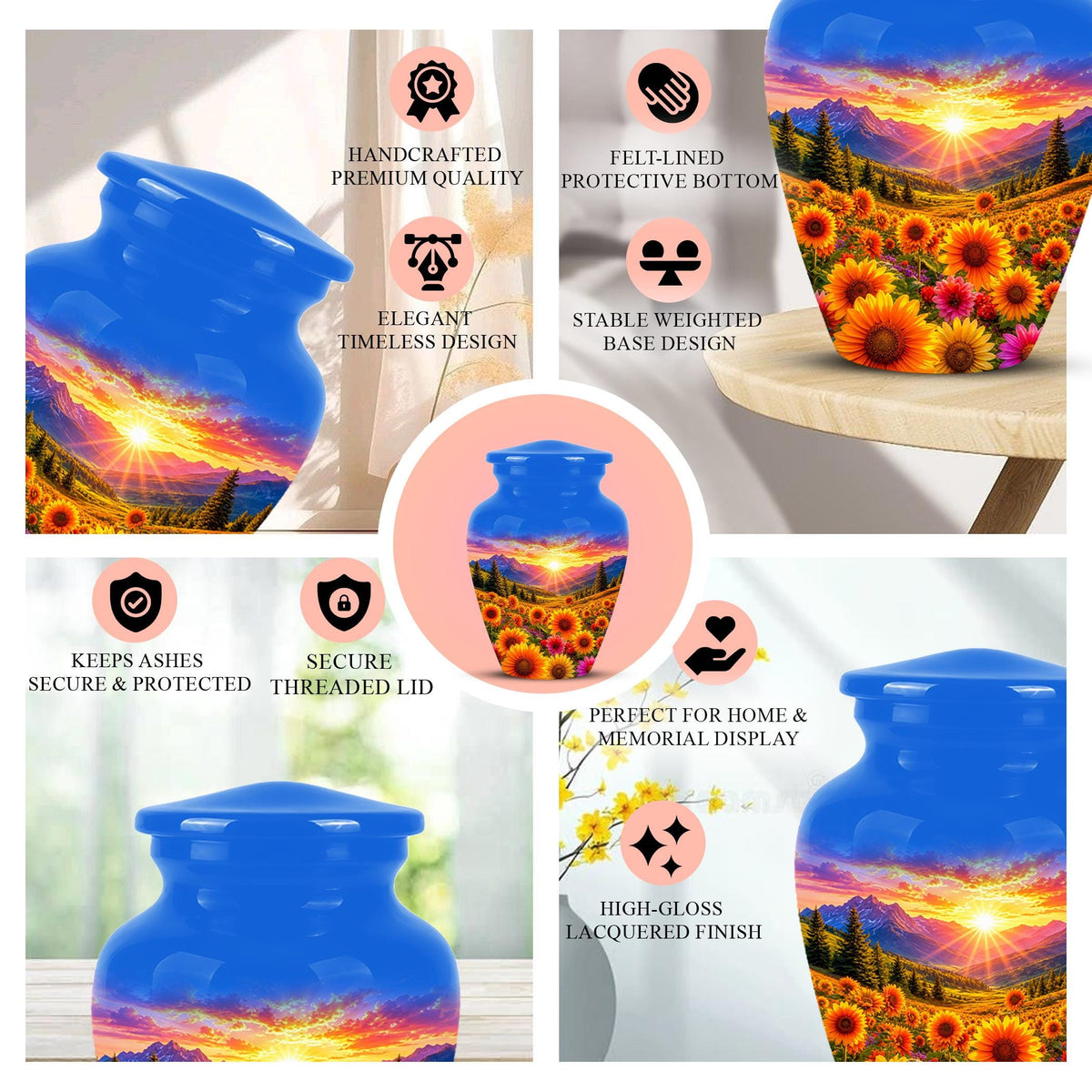 Personalized Sunflower Mountain Sunset Cremation Urn, Scenic Memorial Keepsake